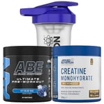 Applied Nutrition Bundle ABE Pre Workout 375g + Creatine 250g + 700ml Protein Shaker | All Black Everything Pre Workout Powder, Energy & Performance with Creatine, Beta Alanine (ICY Blue Raz)