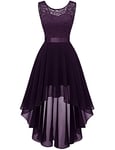 Berylove 7035 Vintage Robe de Cocktail Pin Up High Low en Dentelle Mousseline pour Mariage Soirée Bal Jupe Asymétrique sans Manche avec Ceinture Raisin 2XL