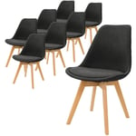 Lot de 8 Chaises de Salle à Manger avec Dossier, Noir, Pieds en Bois Hêtre, Assise en Lin, Chaise Rembourrée Rétro Scandinave, Chaise de Cuisine