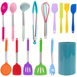 HSTD Silicone Kitchen Set, Storage Barrel, Wooden Handle Kitchen Utensil Set, 15-piece Colorful Kitchen Utensils, Easy to Clean, Non-stick Pan