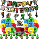 Minecraft-speltema barnkalasfestartiklar Dekorationer Ballonger Banner Cake Toppers Set