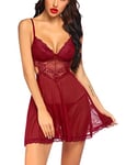 Avidlove Lingerie sous-vêtements Sexy pour Femme avec col en V et String en Dentelle Dos Nu - Nuisette pour Femme - Saint Valentin - Rouge vin XS