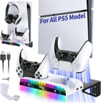 Support Mural Rgb Pour Ps5 Pro/Ps5 Slim/Ps5, Station De Charge Pour Dualsense/Edge Contrôleuse Avec 15 Lumières Rgb,Support De Casque & 3 Hubs Usb Pour Playstation 5 Pro/Slim Disc/Digital Accessoires