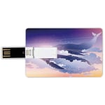 16G USB Flash Drives Credit Card Shape Whale Memory Stick Bank Card Style Whales Flying Dreamy Night Sky with Clouds Magical Fantasy Aquatic Design,Peach Lilac Dark Blue Waterproof Pen Thumb Lovely Ju