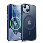 ORETECH Coque Magnétique pour iPhone 13/14, Translucide Mat Arrière Coque pour iPhone 14 avec 2 Verre Trempé Protection écran,Coque Antichoc pour iPhone 14/13 Compatible Mag-Safe 6.1" Bleu Marine