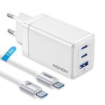 NOHON Chargeur USB-C Rapide Prise: 65W GaN 3 Ports PD3.0 avec 140W USB C Rapide Cable 1.2M | PPS Compatible avec MacBook Pro Air Airpods iPad iPhone 15 14 13 12 Pro Max Galaxy S23(Blanc)