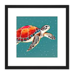 Loggerhead Turtle Red Blue Shell Animal Watercolour Ink Stamp Square Wooden Framed Wall Art Print Picture 8X8 Inch