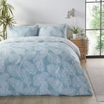 Fusion - Housse de Couette Bleu Canard Feuille - King Size (230 x 220 cm) - Design réversible (Couleurs Bleu Canard et Blanc) - Housse de Couette Feuille d'œuf de Canard - Literie imprimée Feuilles -