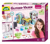 Lena 42693 Kit de Loisirs créatifs Vitrail sur vases pour 3 Petits flacons en Plastique, 6 Couleurs pailletées, Pinceau à Peinture, pâte Contour et Pierres décoratives, à partir de 8 Ans Multicolore