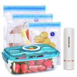 Aigostar Fresh - Pack mise sous vide: mini pompe scelleuse sans fil, sacs sous vide et récipient à vide. Charge USB. Pour viandes, légumes, fruits.