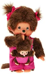 Sekiguchi- Monchhichi Mother Care Pink Plush Aliquantum International 236200-Original mère avec bébé, en Peluche Marron, avec Robe Rose et Noeud dans Les Cheveux, env. 20 cm, Simple, 236200, 0