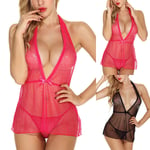 Women Sexual Transparent Lace Halter-neck Sling Dress Rose Red L