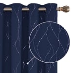 Deconovo Lot de 2 Oeillets Rideaux Bleu Marine Occultants Isolant Thermique Anti Froid Imprimés Motifs Argents Rideaux Décoratif de Porte 132x214cm