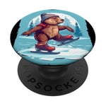 Joli costume de castor d'hiver avec chaussures de patinage sur glace PopSockets PopGrip Adhésif