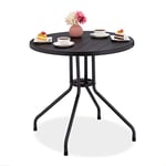 Relaxdays Table de Jardin, H x D : 75 x 80 cm, Aspect Bois, Plastique & Acier, Forme Ronde, Noir