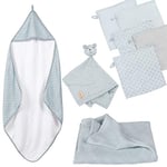 roba Coffret Sortie de Bain Bébé Lil Planet - 1 Cape de Bain + 5 Gants de Toilette + 1 Serviette Doudou + 1 Couverture - Certifié GOTS et OEKO-TEX - Bleu Clair