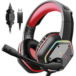 EKSA E1000 USB Gaming Headset for PC - Computer Headphones with Microphone/Mic Noise Cancelling, 7.1 Surround Sound Wired Headset & RGB Light - Gaming Headphones for PS4/PS5 Console Laptop (Red)