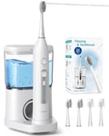 2EN1 Jet Dentaire Hydropulseur+Brosse Dentaire Électrique Professionnel, AGPTEK 3 Modes Irrigateur Oral-Brosse à Dents Électrique Nettoyage Étanche 4 Buses 500ML Aqueduc Mobile de Voyage-Blanc