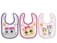 LULABI 44 GATTI GIRL - Lot de 3 bavoirs pour bébé, 100% coton doux avec impression 44 chats, paquet de bavoirs, velcro, hypoallergénique, réutilisable, unisexe, 19 x 17 cm - Multicolore