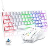 Ensemble Clavier et Souris Gamer Mécanique Filaire AZERTY, 60% Mini Clavier Souris Gaming Rétroéclairé USB, Souris Gamer RGB 7200 DPI pour PC PS5 Xbox Win, Switch Bleu, Anti-Ghosting, Blanc.[V169]