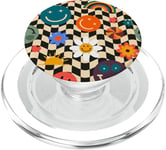 Aesthetic Checker Retro Groovy Flowers in Cream Peach colors PopSockets PopGrip pour MagSafe