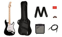 Squier by Fender Sonic Stratocaster Electric Guitar Pack, Maple Fingerboard in Black, Gig Bag, Squier Frontman 10W Amp, Picks, Strap, Cable