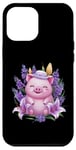 Coque pour iPhone 12 Pro Max Cochon en style dessin animé kawaii avec lavande et lys