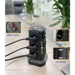 Tour multiprise parafoudre et surtension, Multiprise Electrique avec 5 Ports USB et 12 Prises, multiprise avec et 3 Interrupteurs, Noir