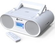 Boombox B4 Poste Radio CD Portable + Radio AM/FM, CD, Bluetooth, USB, MP3 + Mode Filaire et sans Fil avec Piles Rechargeables + Télécommande, Mode Veille Auto + Lecteur CD Portable + Blanc