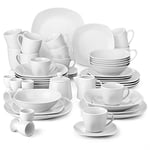 MALACASA Plates and Bowls Set, 50 Piece Porcelain Dinner Sets with 6 Piece Dinner Plates/Soup Plates/Cereal Bowls/Cups and Saucers/Mugs/Egg Cups/Flat Plates and 1 Sugar Pot/Milk Jug, Ivory White