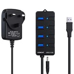 Powered USB Hub 3.0,VEMONT 4 ports USB Hub with 5V/3A Power Supply,Superspeed 5Gbps USB Splitter with Individual on/off LED Switches and 3.9ft/1.2m Long Cable for PC/Laptops/Ultrabooks/Desktops