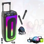 Pack Enceinte Karaoke sur batterie USB Bluetooth MS-MAGIC-SOUND1000 TWS 1000W 2 Micros - 4 Jeux Lumières Strobe Astro Derby Par