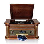 Tourne-Disque Roadstar HIF-1996D+BT - Platine Vinyl 33/45/78, Radio Dab+/FM, CD-MP3, Cassette, Bluetooth, USB, rétro Bois, LED