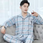 CIDCIJN Homme Pyjama Set,Mode Homme Pure Cotton Pyjama Sets Fashion Plaid Automne Sleepwear Home Costumes Long Sleeve Casual Pyjama Pants 2 Pieces/Setn,Light Blue,XL