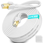 Soibke Cat 8 Cable Ethernet 30m, Cable RJ45 Plat Haut Debit Fibre 40Gbps 2000MHz, Câble Réseau 30m Blindé Extérieur Intérieur, Câble Internet LAN Blanc pour Routeur Modem