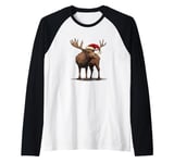 Christmas Magic Moose in Santa Hat Costume for Cozy Xmas Raglan Baseball Tee