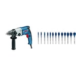 Bosch Professional Drill GBM 13-2 RE (incl. keyed Drill Chuck 1.5-13mm, Box) + 13x Expert SelfCut Speed Flat milling bit Set (for Soft Wood, chipboard, Ø 10-32 mm, Accessories)