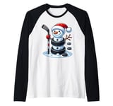 Cartoon Ice Hockey Puck Snowman with Santa Hat Christmas Raglan Baseball Tee