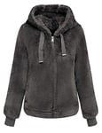 Geschallino Manteau en Fausse Fourrure pour Femme en Molleton D'hiver Court et Chaud, Duveteux et flou Sherpa en Peau de Mouton Avec Capuche 1712014 Gris XXL