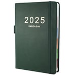 2025 Diary A5 Day Per Page, From Jan to Dec, Productivity A5 Daily Planner, Full Year Daily Planner with Colorful Monthly Tabs, Fine Inner Pocket, 5.9" × 8.5"(Green)