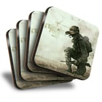 Set of 4 Square Coasters - Battlefield Soldier Army Helicopter  #15864