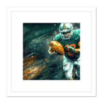 American Football Player Attack Run Sport Gold Orange Green Oil Painting Square Wooden Framed Wall Art Print Picture 8X8 Inch