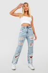 Womens Super Distressed High Waisted Mom Jeans - White - 14, White