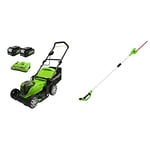 Greenworks Tondeuse, Largeur de Coupe Tondeuse Jusqu'à 220 m² avec 50L Grassbag 6 Hauteurs de Coupe centrales réglables + Taille-haie télescopique 24V 51cm + 2x24V 2Ah Batterie + Chargeur