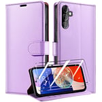 QHOHQ Tenphone Coque pour Samsung Galaxy A14 4G / 5G + 2 Pièces Verre Trempé, Etui Protection Housse Premium en Cuir PU, Antivol, Fermeture Magnétique Flip Case pour Samsung A14 4G / 5G - Pourpre