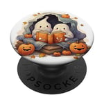 Ghosts Reading Books Pumpkin Halloween Autumn Leaves Bookish PopSockets Adhesive PopGrip