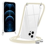 Yoedge Coque pour iPhone 12 Pro Max avec Cordon 6,7", Transparente Coque Collier Réglable Téléphone Étui Portable Lanyard Housse, Etui avec PC + TPU Bumper Anti-Chute Protection Case, Blanc cassé