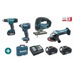 Lot 4 machines 18V + Perceuse Visseuse DDF453 + Visseuse à Choc DTD152 + Meuleuse DGA452 + Scie Sauteuse DJV180 - MAKITA - 3 Batteries 18V 3Ah +