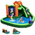 6 en 1 Château Gonflable pour 3 Enfants 3-10 Ans,Structure Gonflable Sans Souffleur avec Toboggan,Trampoline,Pataugeoire,etc. - Goplus