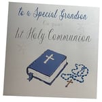 WHITE COTTON CARDS Large Handmade to A Special Grandson On Your 1st Holy Communion Blue Bible Card, White, XN89GS